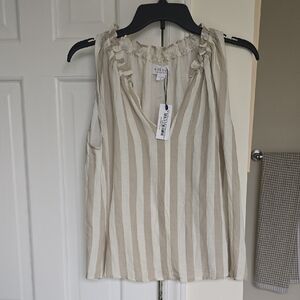 Velvet Striped Sleeveless Ruffle-Neck Camisole in Beige and Cream